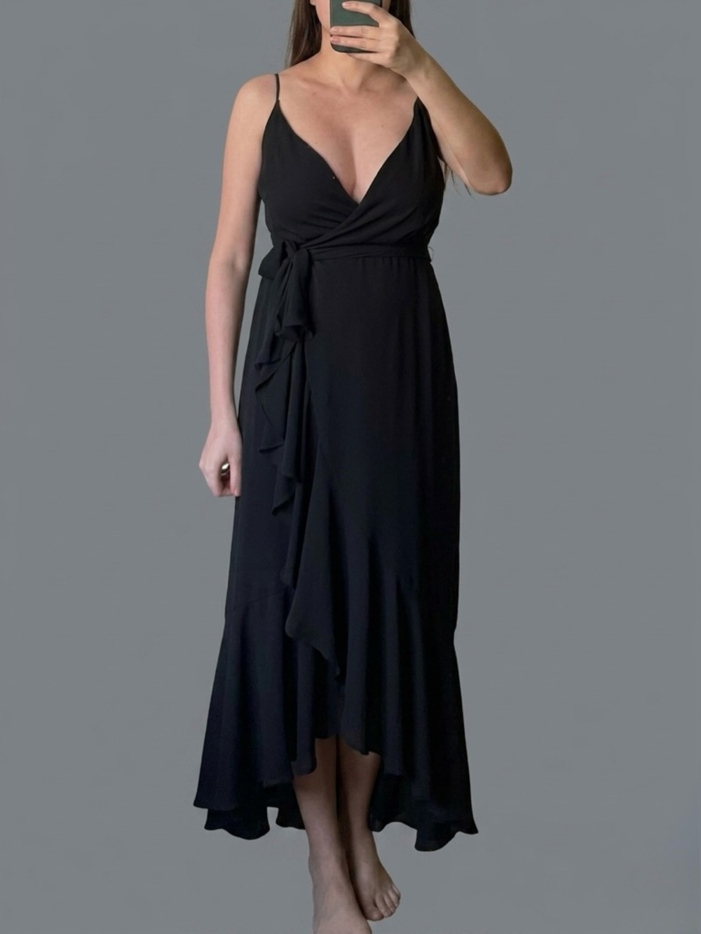 J. CREW Black Faux Wrap Ruffle Hem Midi Dress Size 4